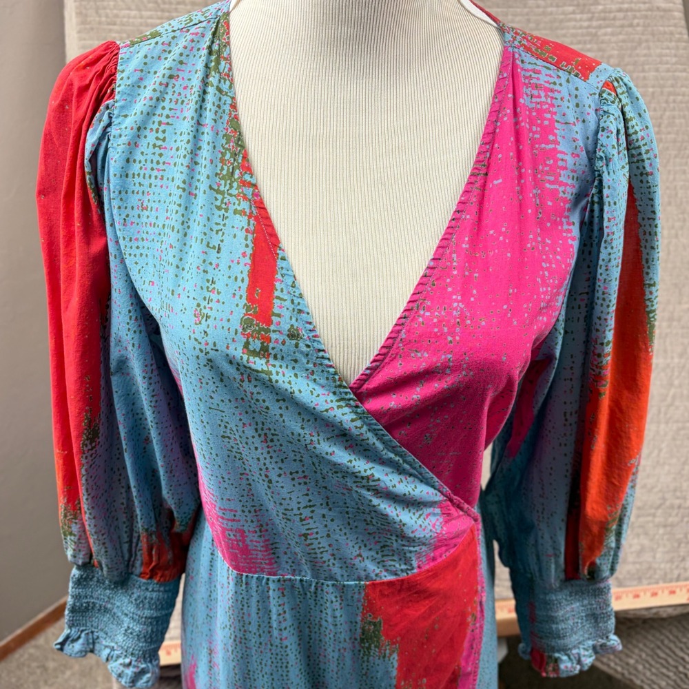 Rhode Resort Cotton Wrap Maxi Dress Abstract Print Blue Pink Red Size S